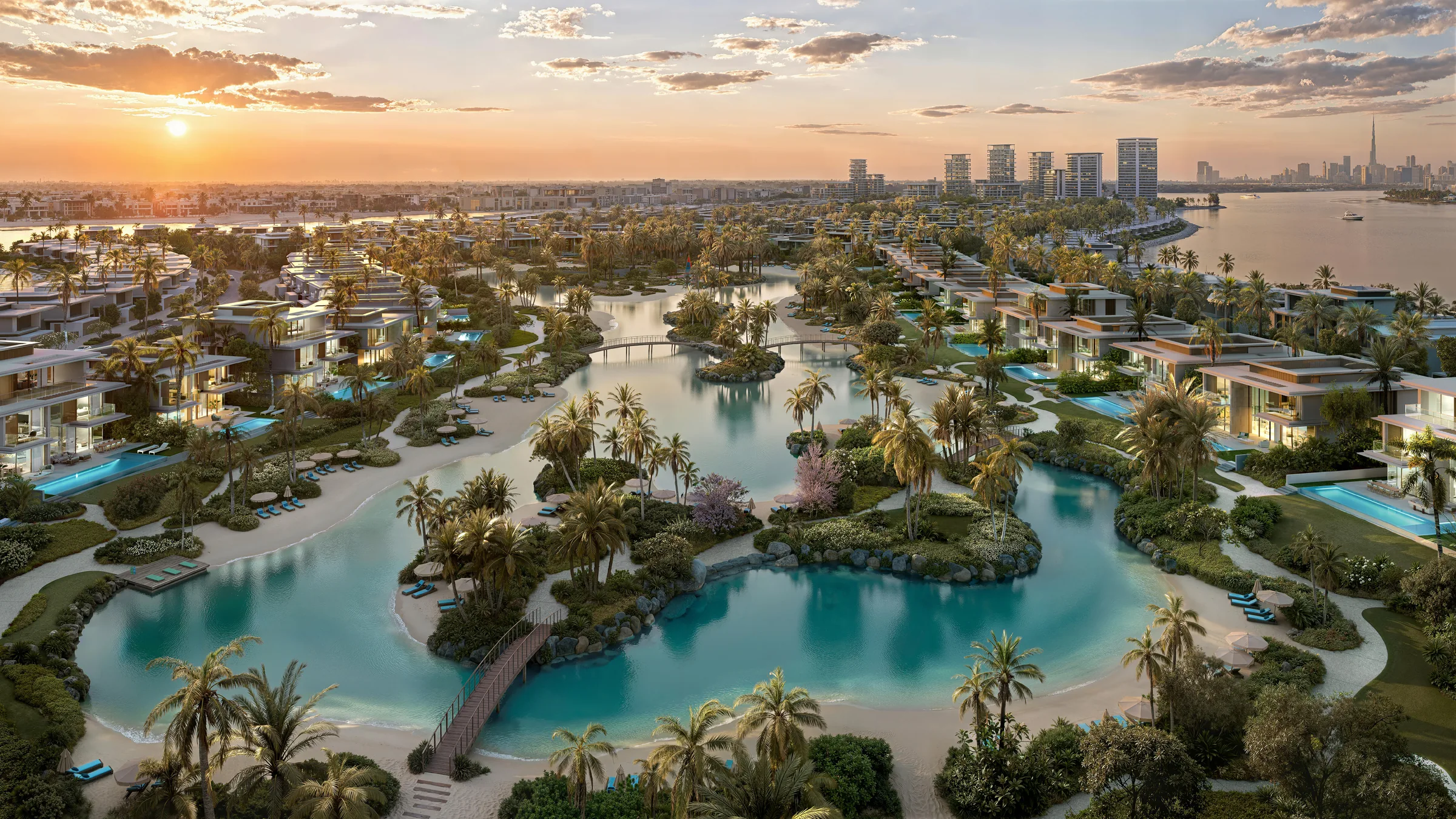 Vizualizace od developera, Nakheel: komplex a laguna, pohled shora, západ slunce