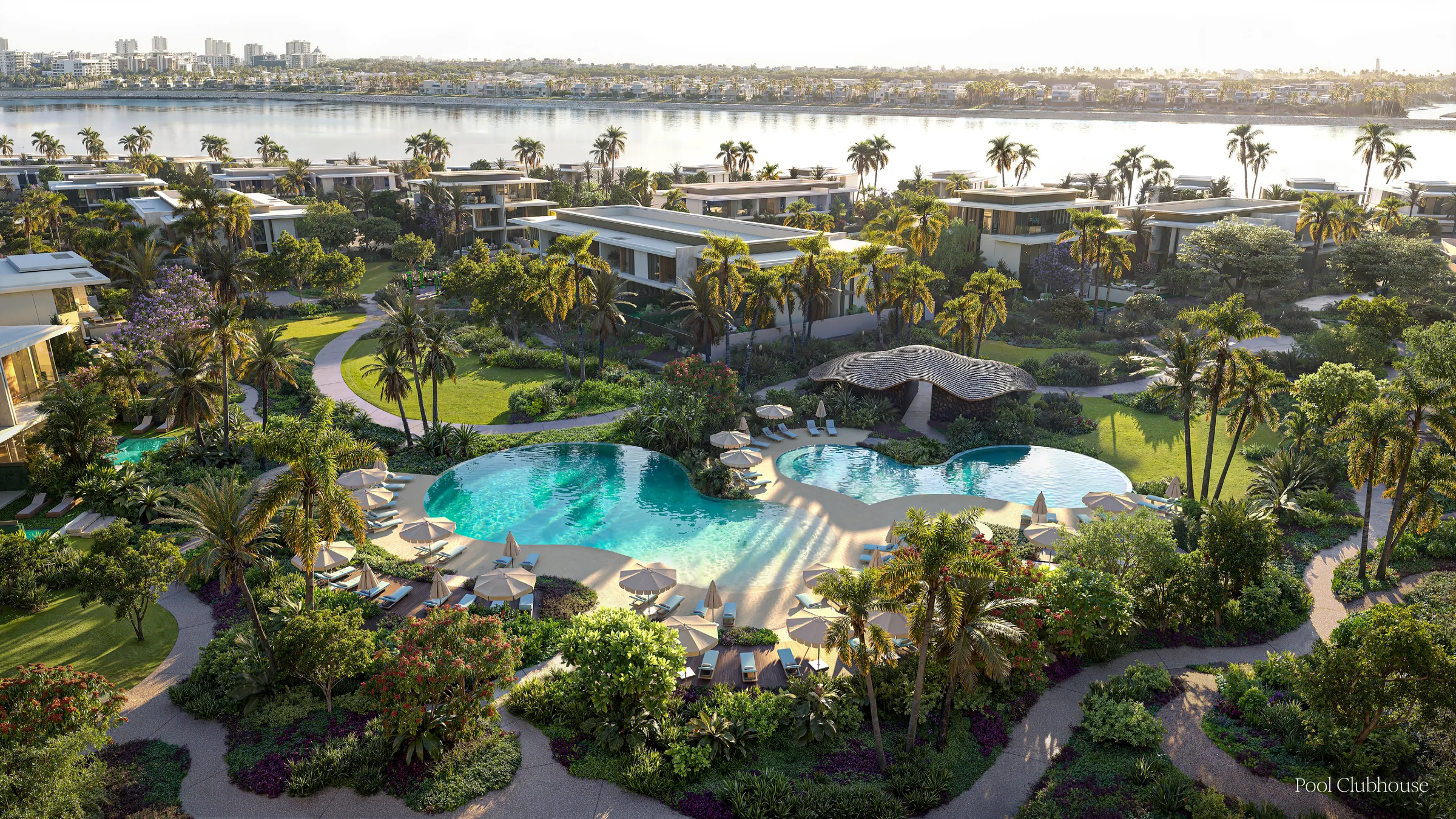 Vizualizace od developera, Nakheel: bazén klubové budovy s lehátky