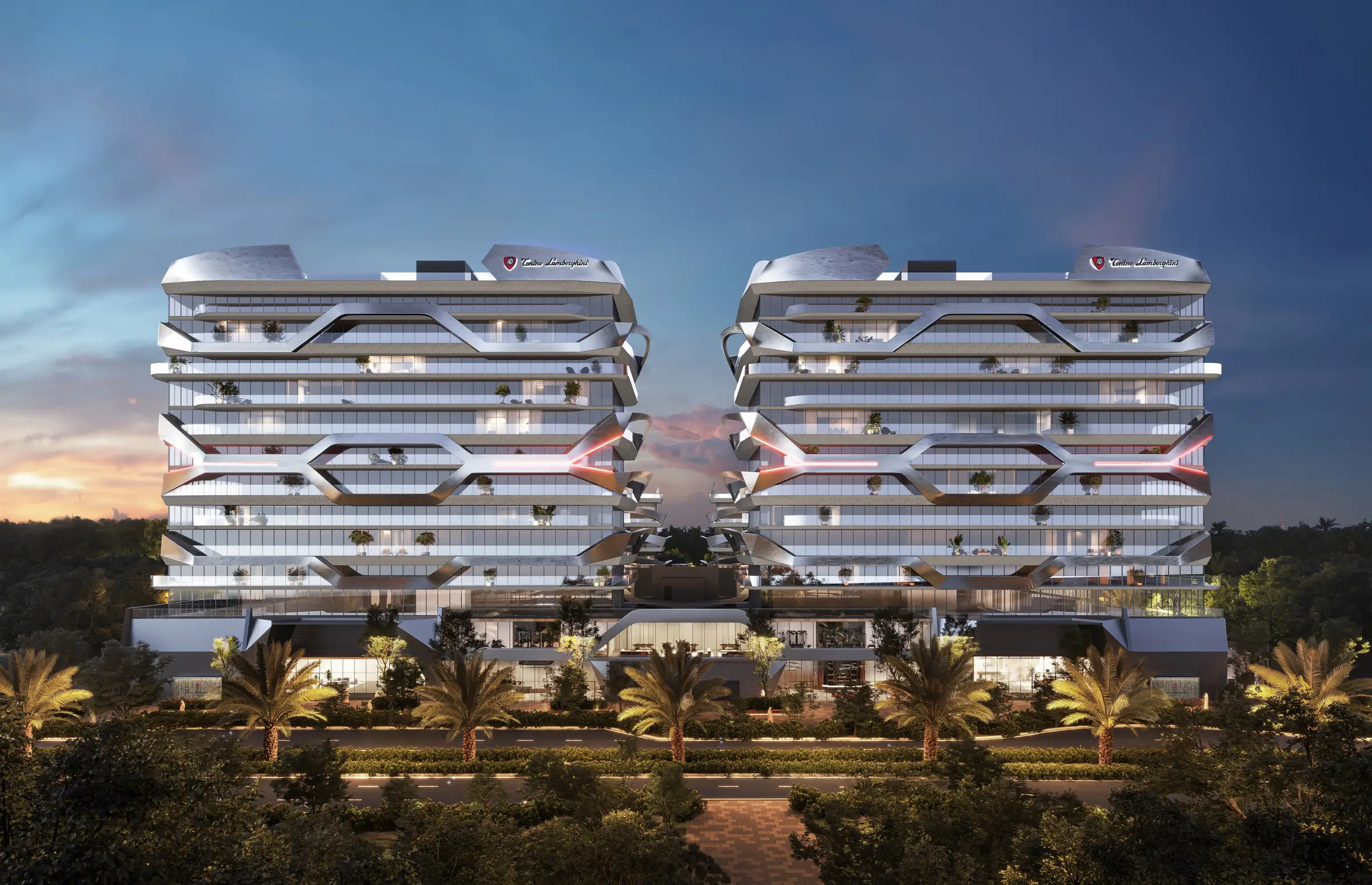 Визуализация на строителя, Gulf Land: две от кулите на Tonino Lamborghini Residences по залез