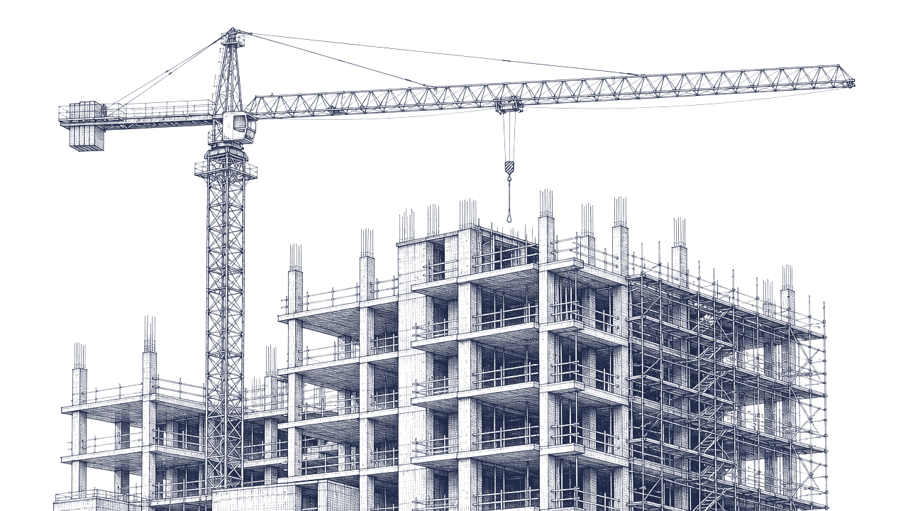 Engraving: a crane over a building in rough construction